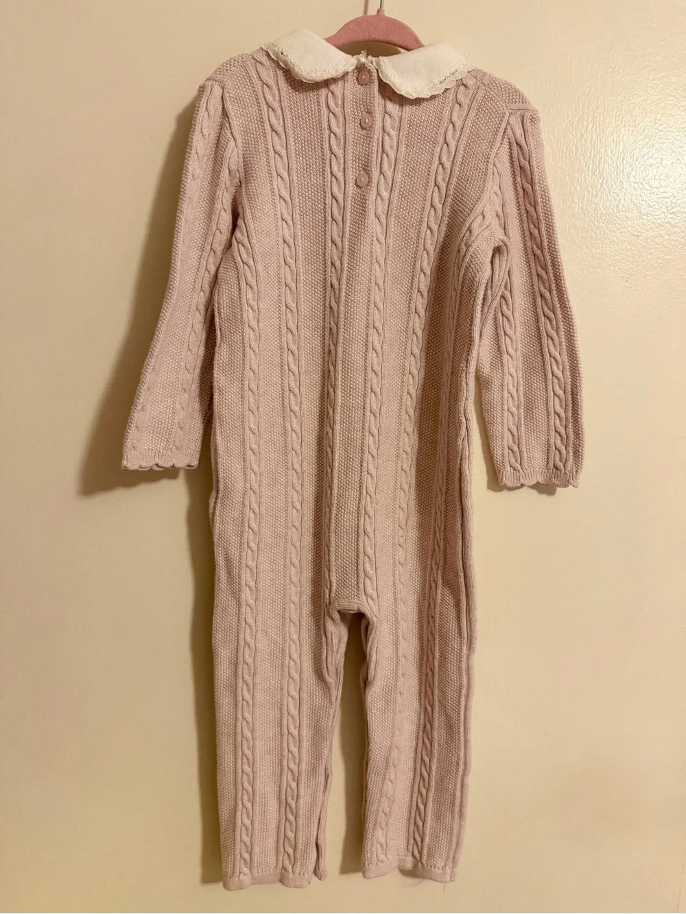 Janie and Jack Classic Cable Knit Pink One-Piece with Peter Pan Collar like new